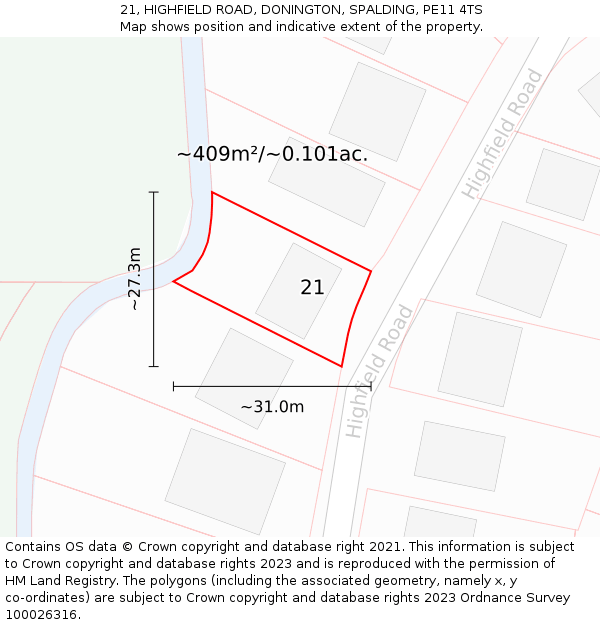 21, HIGHFIELD ROAD, DONINGTON, SPALDING, PE11 4TS: Plot and title map