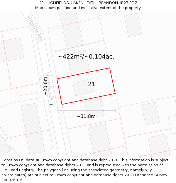 21, HIGHFIELDS, LAKENHEATH, BRANDON, IP27 9DZ: Plot and title map