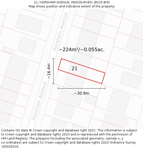 21, HORSHAM AVENUE, PEACEHAVEN, BN10 8HX: Plot and title map