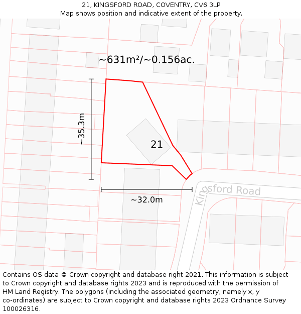 21, KINGSFORD ROAD, COVENTRY, CV6 3LP: Plot and title map