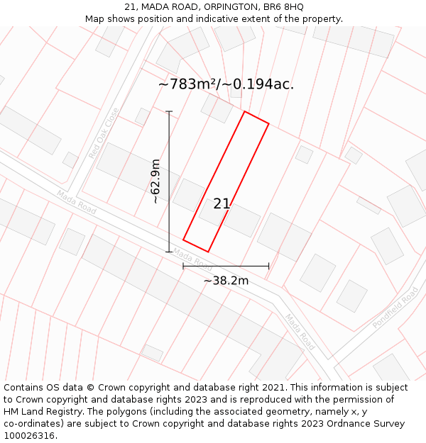 21, MADA ROAD, ORPINGTON, BR6 8HQ: Plot and title map