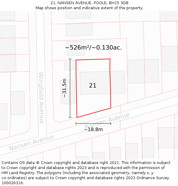 21, NANSEN AVENUE, POOLE, BH15 3DB: Plot and title map