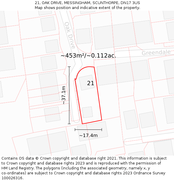 21, OAK DRIVE, MESSINGHAM, SCUNTHORPE, DN17 3US: Plot and title map