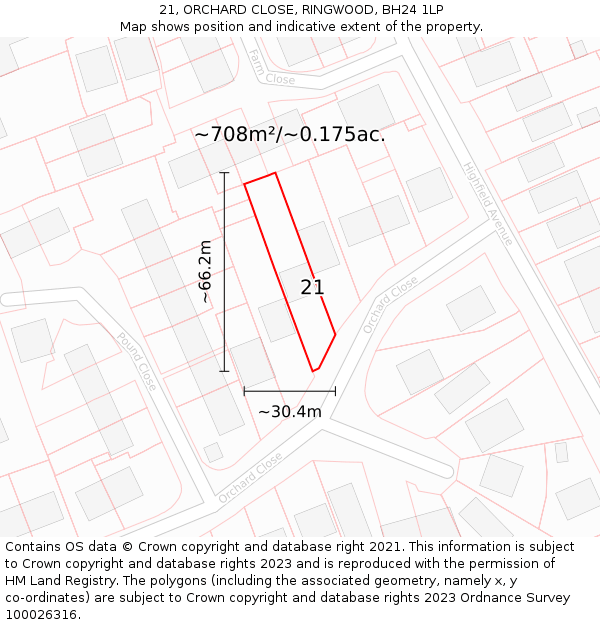 21, ORCHARD CLOSE, RINGWOOD, BH24 1LP: Plot and title map