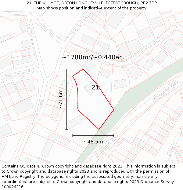 21, THE VILLAGE, ORTON LONGUEVILLE, PETERBOROUGH, PE2 7DP: Plot and title map