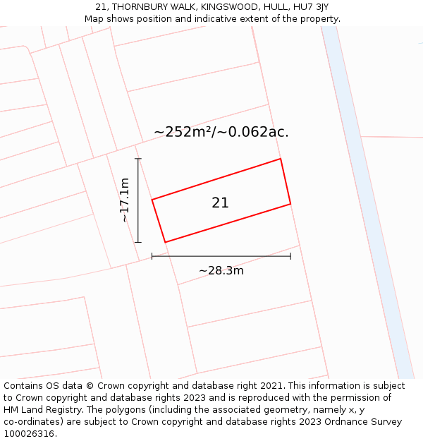 21, THORNBURY WALK, KINGSWOOD, HULL, HU7 3JY: Plot and title map