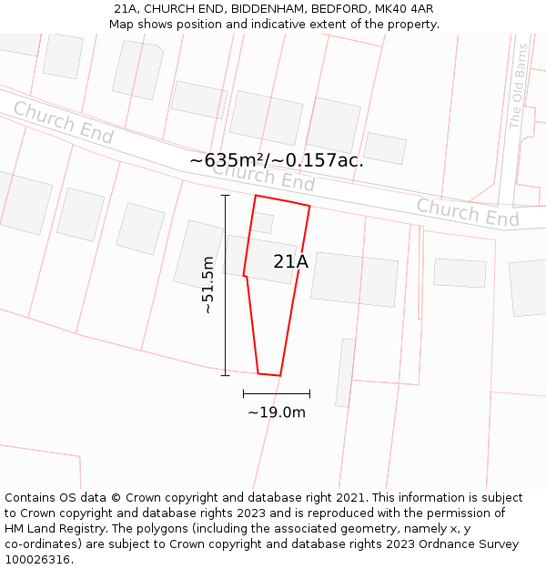 21A, CHURCH END, BIDDENHAM, BEDFORD, MK40 4AR: Plot and title map