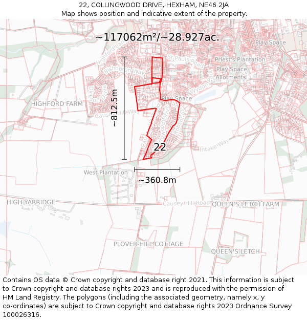 22, COLLINGWOOD DRIVE, HEXHAM, NE46 2JA: Plot and title map