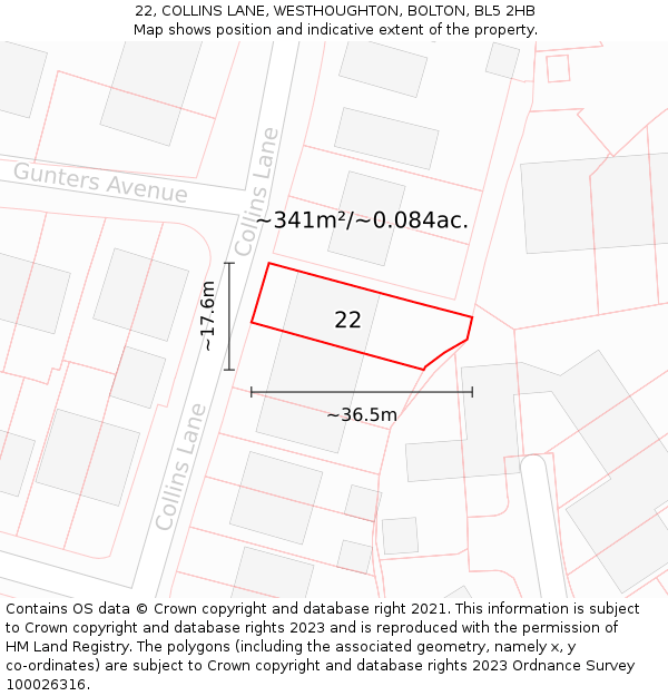 22, COLLINS LANE, WESTHOUGHTON, BOLTON, BL5 2HB: Plot and title map