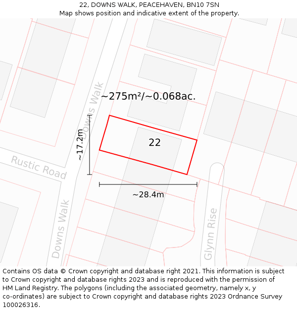 22, DOWNS WALK, PEACEHAVEN, BN10 7SN: Plot and title map