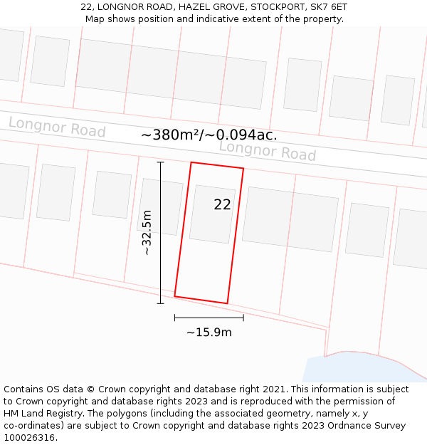 22, LONGNOR ROAD, HAZEL GROVE, STOCKPORT, SK7 6ET: Plot and title map