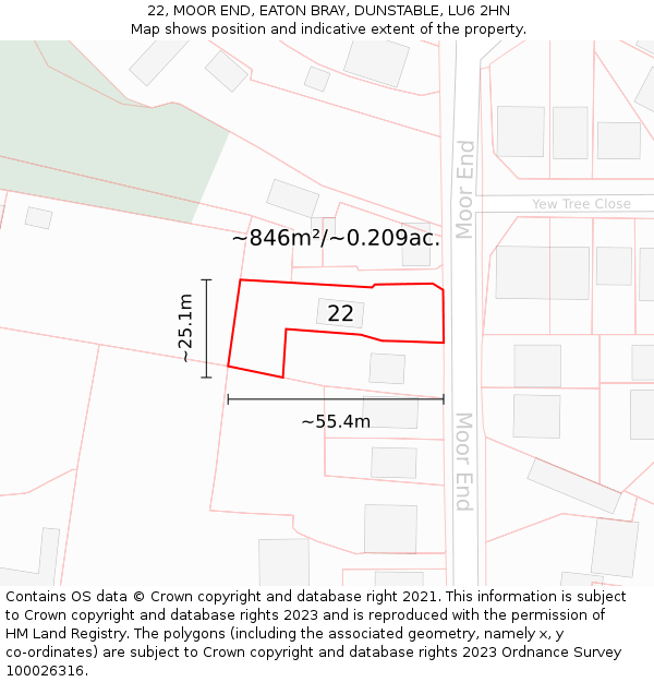 22, MOOR END, EATON BRAY, DUNSTABLE, LU6 2HN: Plot and title map