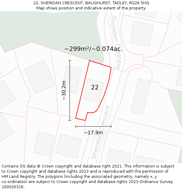 22, SHERIDAN CRESCENT, BAUGHURST, TADLEY, RG26 5HQ: Plot and title map