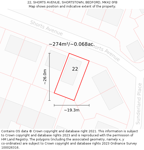 22, SHORTS AVENUE, SHORTSTOWN, BEDFORD, MK42 0FB: Plot and title map