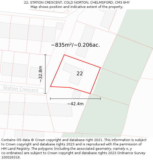 22, STATION CRESCENT, COLD NORTON, CHELMSFORD, CM3 6HY: Plot and title map