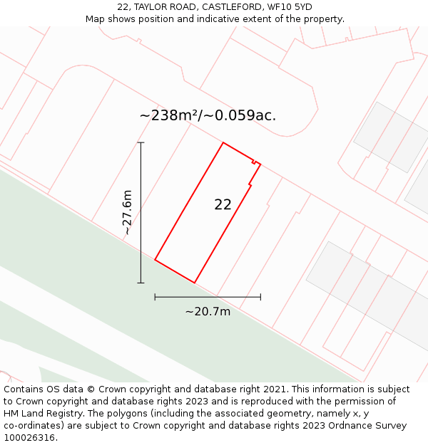 22, TAYLOR ROAD, CASTLEFORD, WF10 5YD: Plot and title map