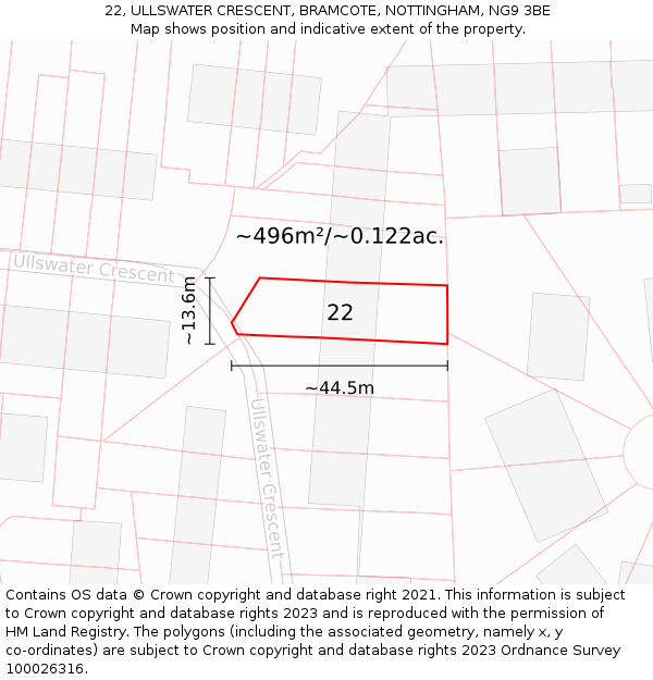 22, ULLSWATER CRESCENT, BRAMCOTE, NOTTINGHAM, NG9 3BE: Plot and title map
