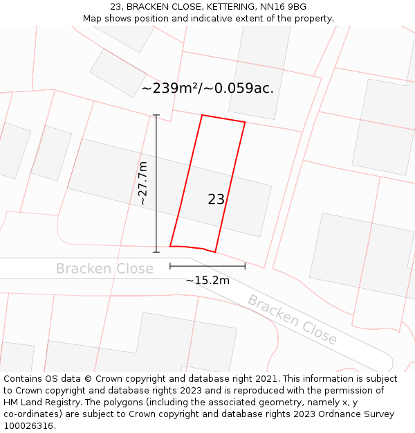 23, BRACKEN CLOSE, KETTERING, NN16 9BG: Plot and title map