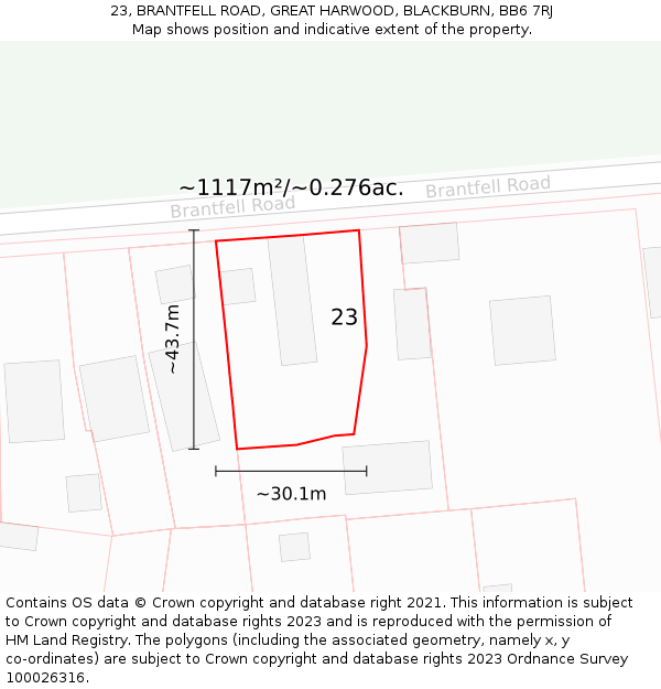 23, BRANTFELL ROAD, GREAT HARWOOD, BLACKBURN, BB6 7RJ: Plot and title map