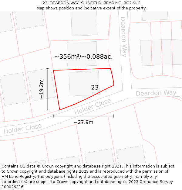 23, DEARDON WAY, SHINFIELD, READING, RG2 9HF: Plot and title map