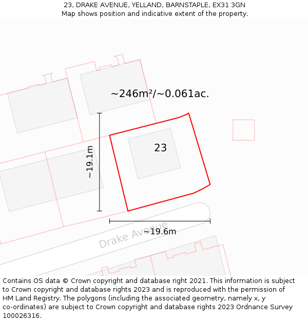 23, DRAKE AVENUE, YELLAND, BARNSTAPLE, EX31 3GN: Plot and title map