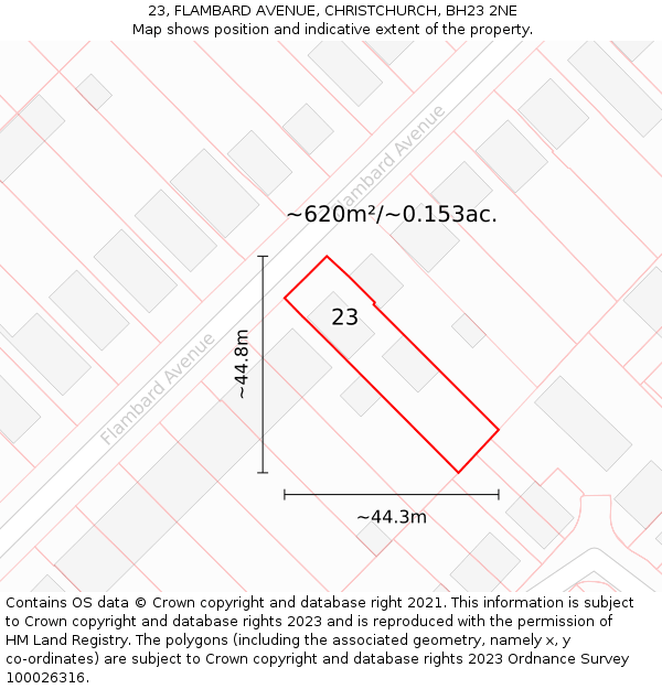 23, FLAMBARD AVENUE, CHRISTCHURCH, BH23 2NE: Plot and title map