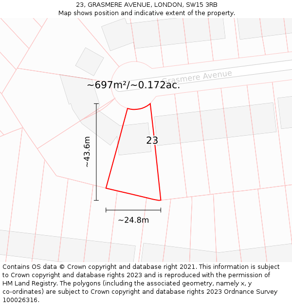 23, GRASMERE AVENUE, LONDON, SW15 3RB: Plot and title map