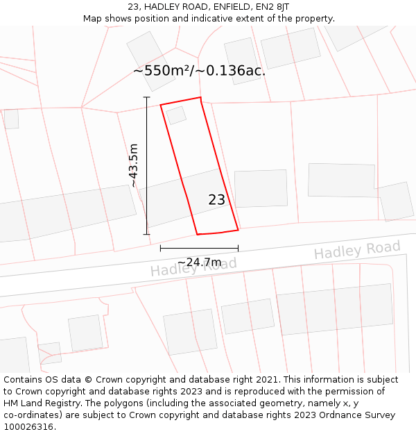 23, HADLEY ROAD, ENFIELD, EN2 8JT: Plot and title map