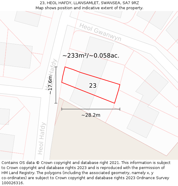 23, HEOL HAFDY, LLANSAMLET, SWANSEA, SA7 9RZ: Plot and title map