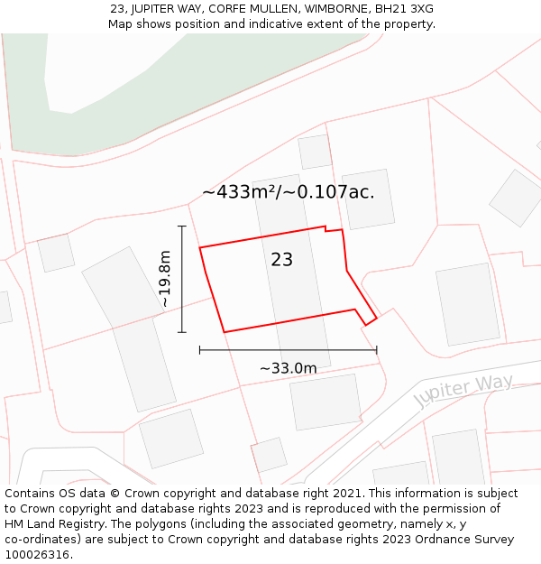 23, JUPITER WAY, CORFE MULLEN, WIMBORNE, BH21 3XG: Plot and title map