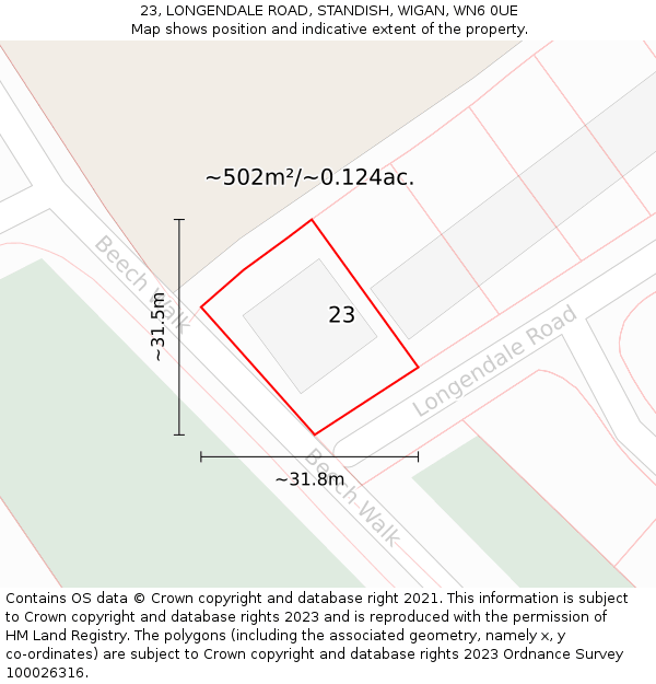 23, LONGENDALE ROAD, STANDISH, WIGAN, WN6 0UE: Plot and title map