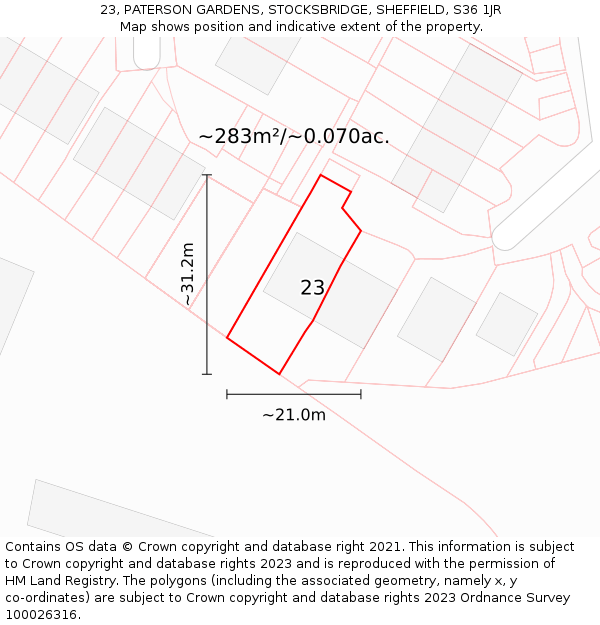 23, PATERSON GARDENS, STOCKSBRIDGE, SHEFFIELD, S36 1JR: Plot and title map