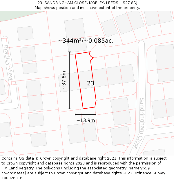 23, SANDRINGHAM CLOSE, MORLEY, LEEDS, LS27 8DJ: Plot and title map