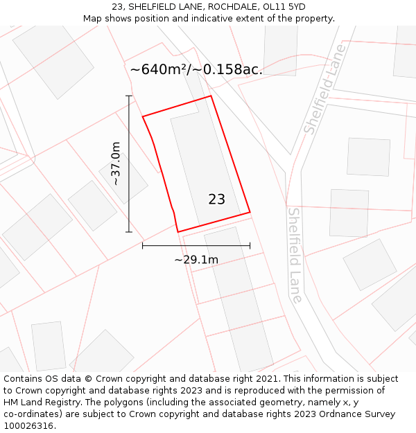 23, SHELFIELD LANE, ROCHDALE, OL11 5YD: Plot and title map