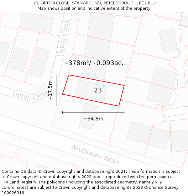 23, UPTON CLOSE, STANGROUND, PETERBOROUGH, PE2 8LU: Plot and title map