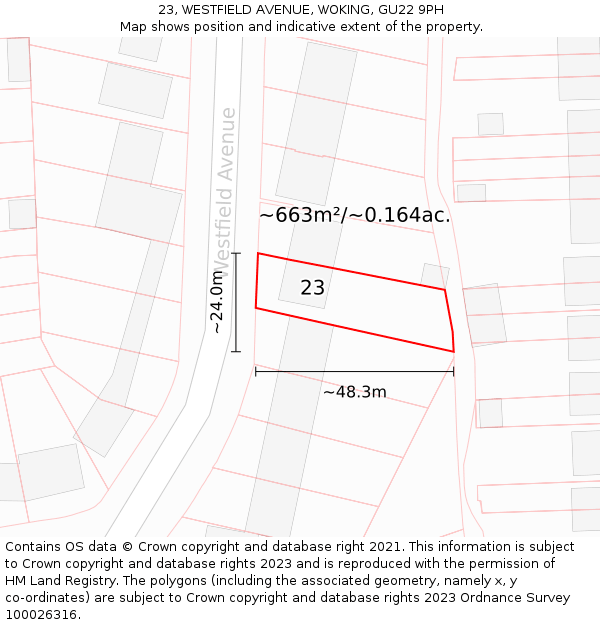 23, WESTFIELD AVENUE, WOKING, GU22 9PH: Plot and title map