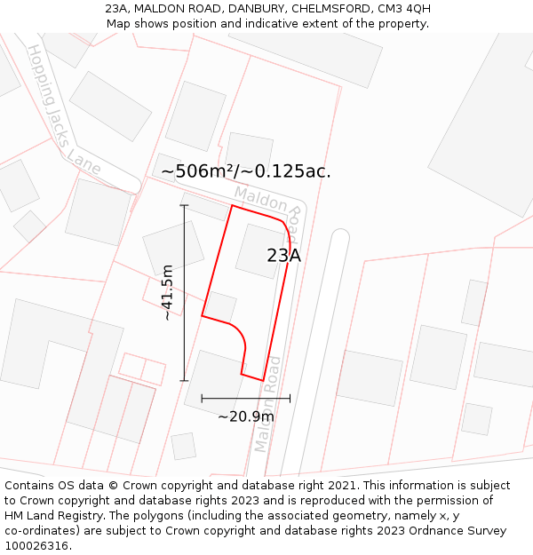 23A, MALDON ROAD, DANBURY, CHELMSFORD, CM3 4QH: Plot and title map