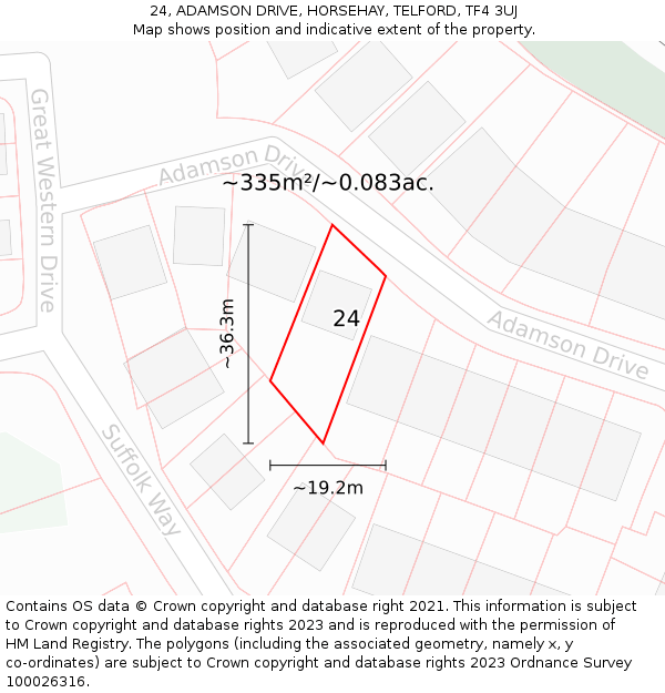 24, ADAMSON DRIVE, HORSEHAY, TELFORD, TF4 3UJ: Plot and title map