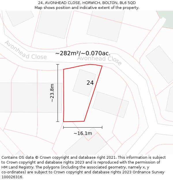 24, AVONHEAD CLOSE, HORWICH, BOLTON, BL6 5QD: Plot and title map