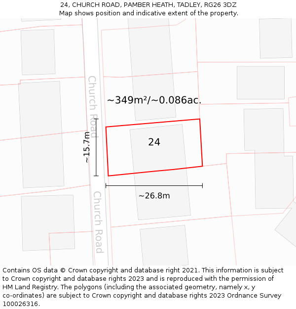 24, CHURCH ROAD, PAMBER HEATH, TADLEY, RG26 3DZ: Plot and title map