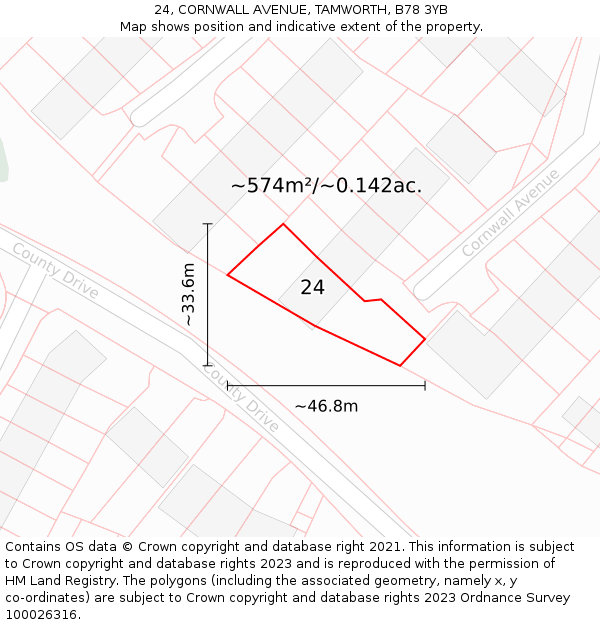 24, CORNWALL AVENUE, TAMWORTH, B78 3YB: Plot and title map