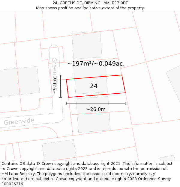 24, GREENSIDE, BIRMINGHAM, B17 0BT: Plot and title map