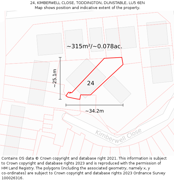 24, KIMBERWELL CLOSE, TODDINGTON, DUNSTABLE, LU5 6EN: Plot and title map