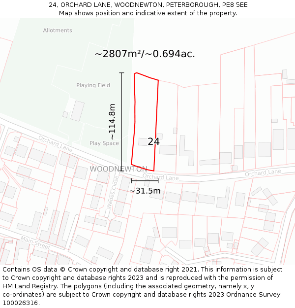 24, ORCHARD LANE, WOODNEWTON, PETERBOROUGH, PE8 5EE: Plot and title map