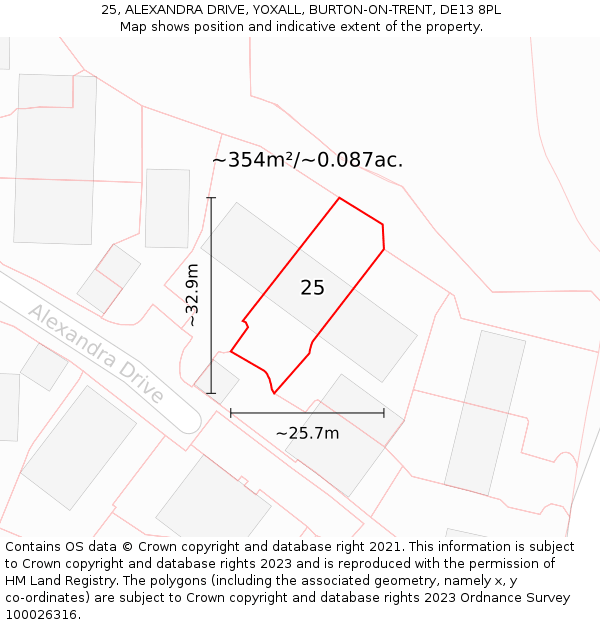 25, ALEXANDRA DRIVE, YOXALL, BURTON-ON-TRENT, DE13 8PL: Plot and title map