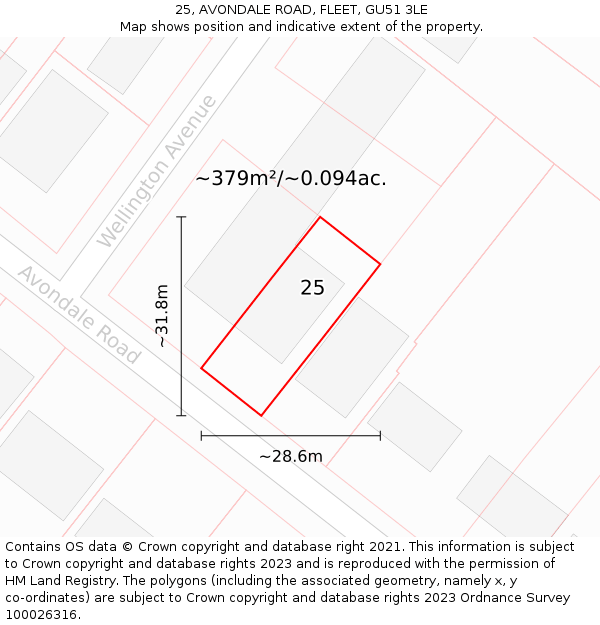 25, AVONDALE ROAD, FLEET, GU51 3LE: Plot and title map