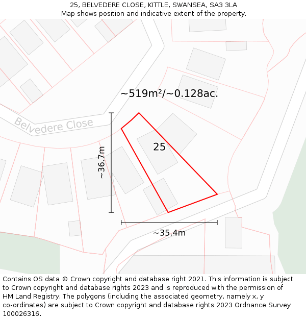 25, BELVEDERE CLOSE, KITTLE, SWANSEA, SA3 3LA: Plot and title map