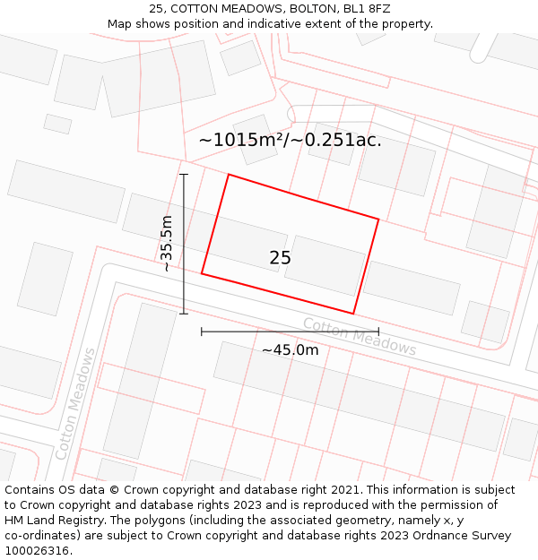 25, COTTON MEADOWS, BOLTON, BL1 8FZ: Plot and title map