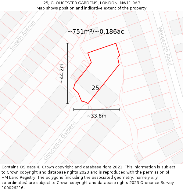 25, GLOUCESTER GARDENS, LONDON, NW11 9AB: Plot and title map