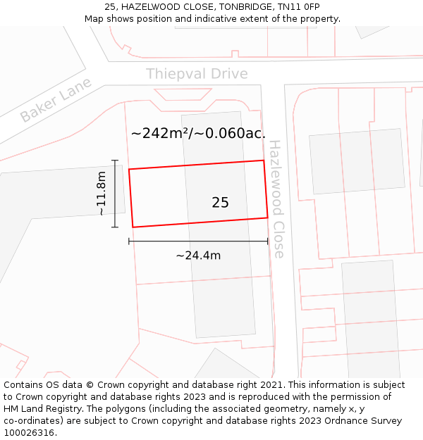 25, HAZELWOOD CLOSE, TONBRIDGE, TN11 0FP: Plot and title map